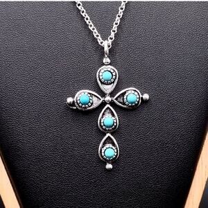 Sterling Silver Necklace w/ Cross Turquoise Teardrop Pendant Southwestern Boho